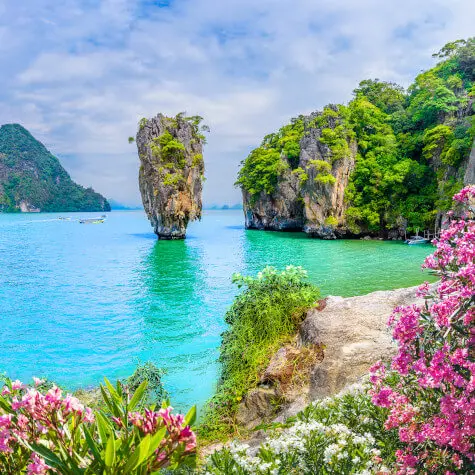 View of James Bond Island in Phang Nga Bay with turquoise water, cliffs, and flowers.